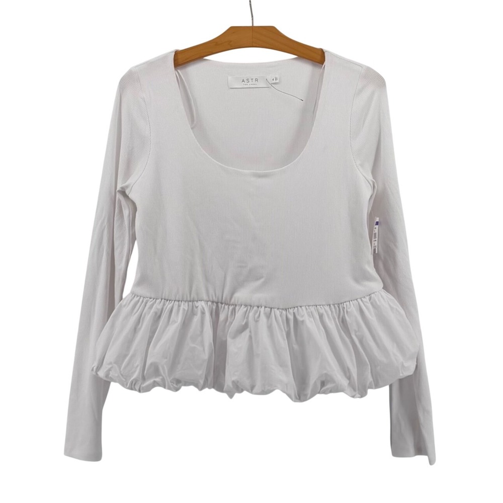 ASTR The Label White Peplum Bubble Hem Top Women XL Long Sleeve Ribbed AT18741